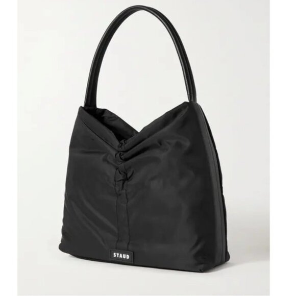 STAUD Felix Shoulder Bag Nylon Leather Trimmed Ruched Shell Tote Logo Zip Pocket - Picture 10 of 16